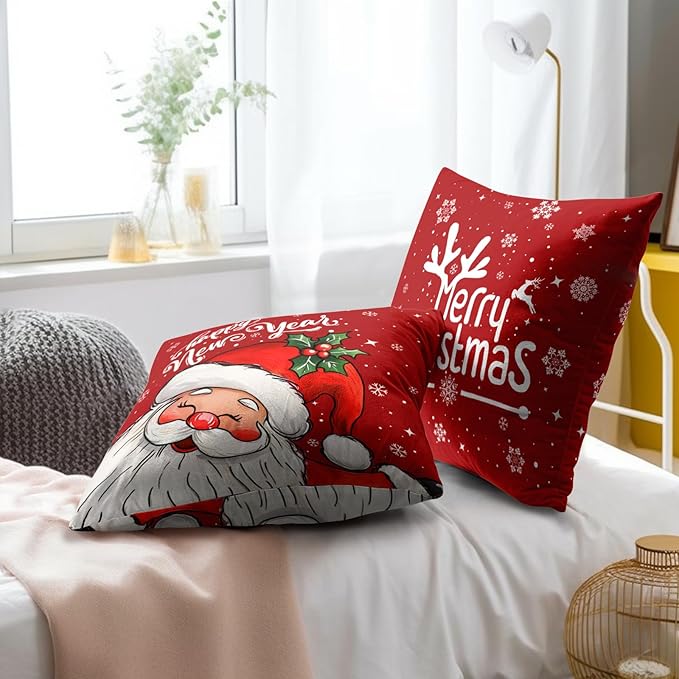Red Christmas Santa Pillow Covers - Happy New Year Throw Pillow Covers 22x22 Set of 2 Xmas Pillow Cases Winter Snowflake Cushion Cases for Sofa Couch Home