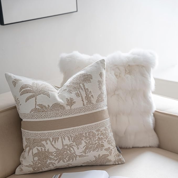 Premium Throw Pillow Covers 18x18 Inches - Jungle with Oatmeal Palm Tree Chenille Jacquard Embroidery Decorative Couch Pillow Covers for Living Room Bedroom Sofa Home Décor