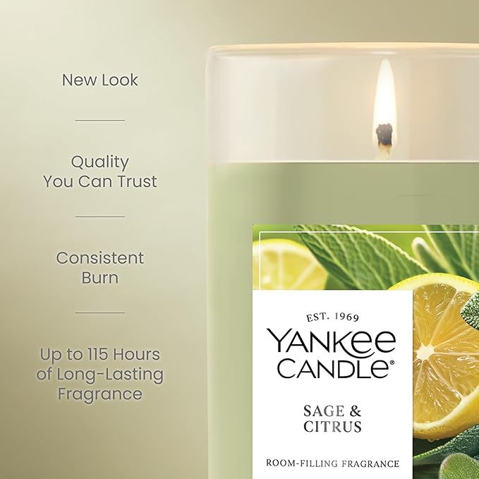Yankee Candle Medium Pillar Scented Candle with up to 115 Hour Burn Time, Premium Plant Wax Blend for Consistent Burn, 14.25 oz Pillar Candle with Room Filling Fragrance, Sage & Citrus