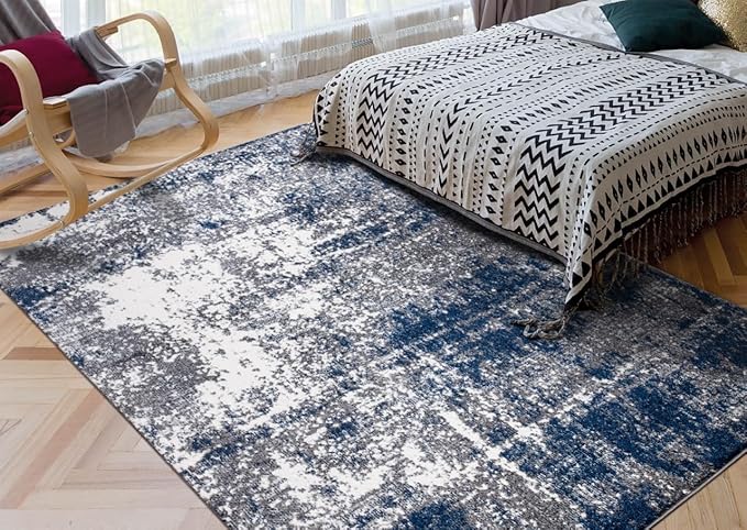 Keen Home Design Area Rugs - 10x14 Non-Shedding, Abstract Rugs for Kitchen, Living Room, Bedroom, Dining Room, Entryway - Size: 9'10" x 14', Navy/Grey/White