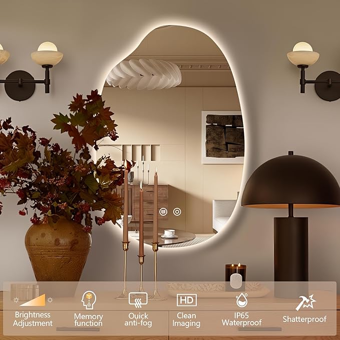 32"x22" Asymmetrical Led Mirror for Bathroom, Irregular Backlit Vanity Mirror with Lights, Frameless Smart Mirror, 3 Colors Stepless Dimmable, Anti-Fog, Memory, CRI95+, Horizontal/Vertical