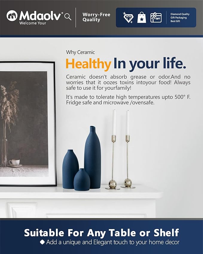 Matte Blue Vase Set Navy Blue Decor Coastal Decor Vases for Kitchen Island Living Room Office Table Fireplace Mantle Decorations & Bathroom Shelf Decor Centerpiece Table Decorations Ceramic