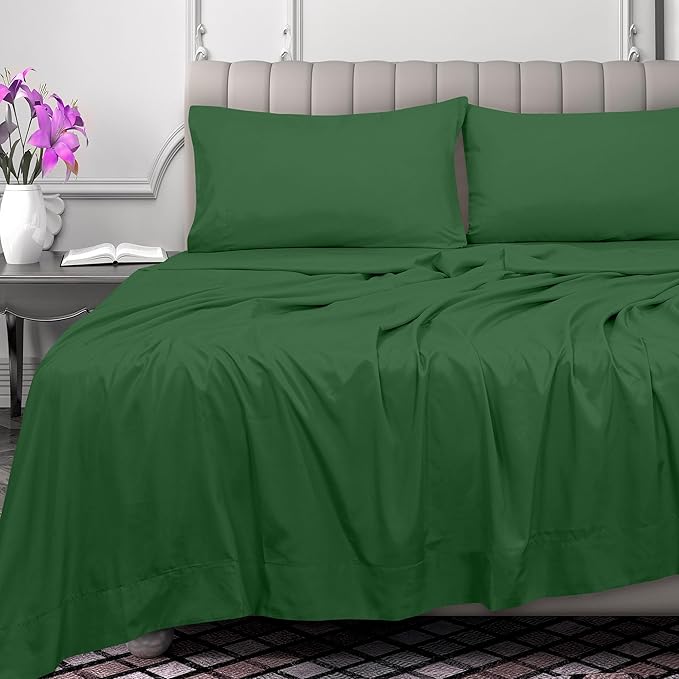 Royale Linens 300 Thread Count 100% Long Staple Combed Cotton Flat Sheet - Super Soft - Top Sheets -Full Flat Sheet Sold Separately - Breathable, Cool & Crisp Percale Sheets Only (Full, Hunter Green)