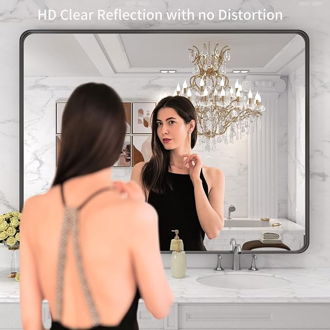 LOAAO 48x36 Inch Black Metal Framed Bathroom Mirror for Wall, Matte Black Bathroom Vanity Mirror Farmhouse, Large Rounded Rectangle Mirror, Anti-Rust, Tempered Glass, Hangs Horizontally or Vertically