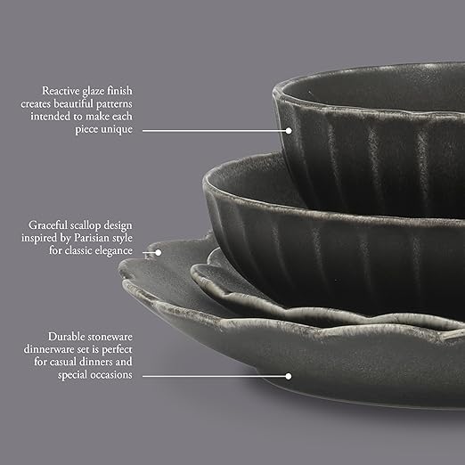 Gibson Elite Malibu Shore 16 Piece Scallop Stoneware Reactive Glaze (Service for 4) Ceramic Plates and Bowls Dinnerware Set - Black