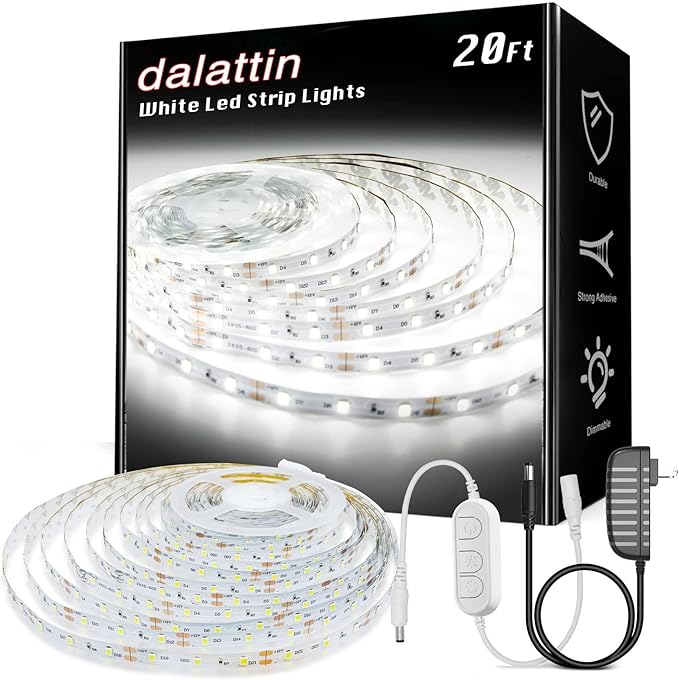 dalattin White LED Strip Lights, 20ft Dimmable Super Bright 24V Led Tape Light 6500K 360 LEDs Lights for Bedrooms, Mirror, Kitchen, Home Decoration Daylight White