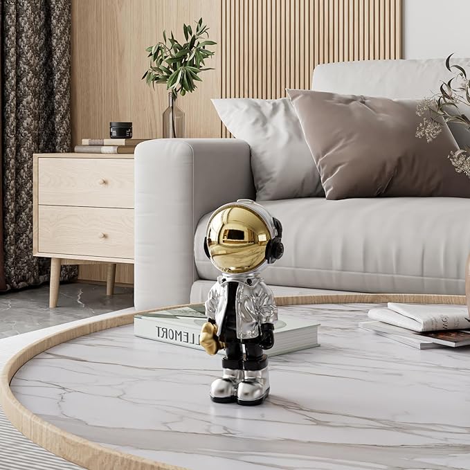 Small Figurine Statue Astronaut Sculpture Decor,Sculpture for Home Decor,Arts Silver Shelf Decoration,Cool Metal Mask Table Decor,Mini Ornament