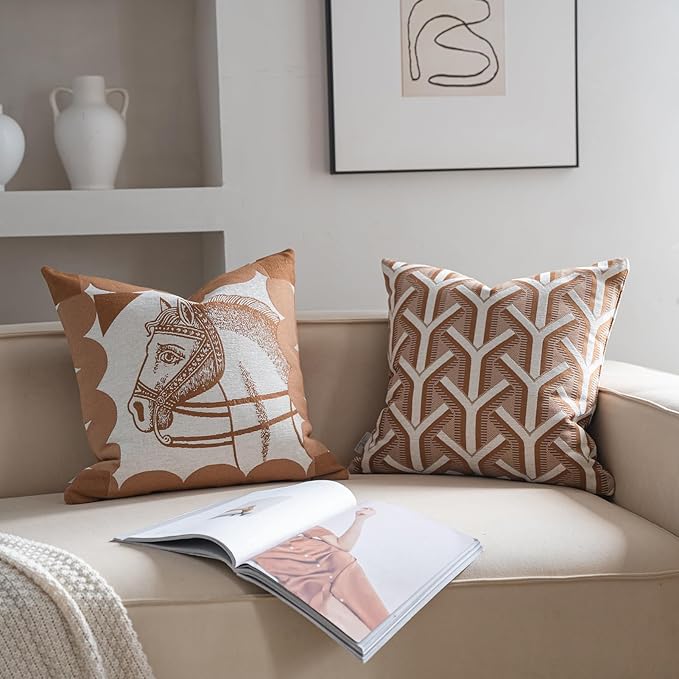 Premium Throw Pillow Covers 20x20 Inches - Tawny Birch Horse Chenille Jacquard Embroidery Decorative Couch Pillow Covers for Living Room Bedroom Sofa Home Décor