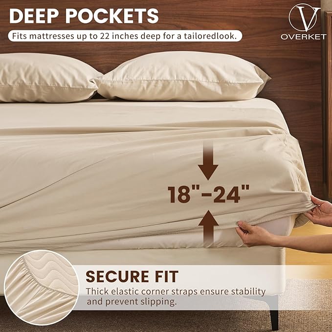 100% Linen Sheet Set Cal King Size Extra Deep Pocket Fits 18-24 Inch Mattress, Breathable & Soft, Smooth 6-Piece Set for Thick Mattresses Hotel Luxury Bedding（Cal King, Linen）