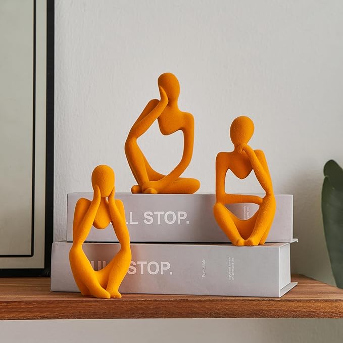 FJS Thinker Statue Shelf Decor - Velvet Collectible Figurines Living Room Decor, Modern Sculptures Home Decorations for Bookshelf Coffee Table Office (Orange Velvet)