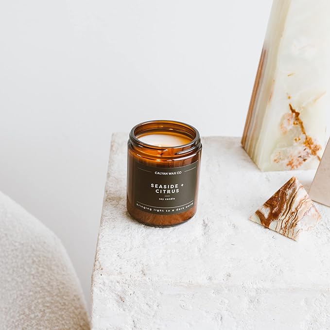 Calyan Wax Co. Soy Wax Candle, Seaside + Citrus Scented Candle, 57 Hour Burn Time, Aromatherapy Soy Candles, Non Toxic & Vegan Soy Wax, Amber Glass Jar Scented Candles, 7.2oz
