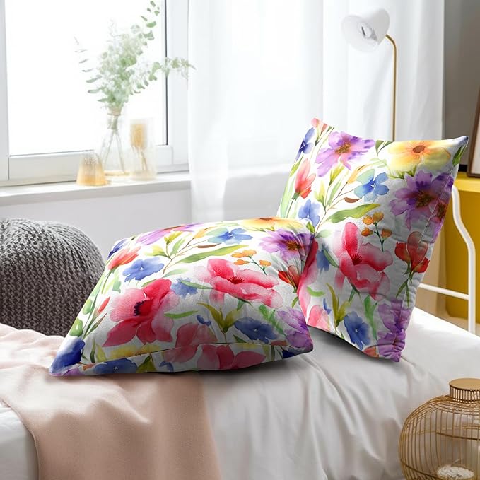 Spring Summer Throw Pillow Covers - Watercolor Flowers Pillow Covers 22x22 Inch Set of 2 Floral Pillowcase Botanical Blossom Cushion Cover for Couch Sofa Garden Patio