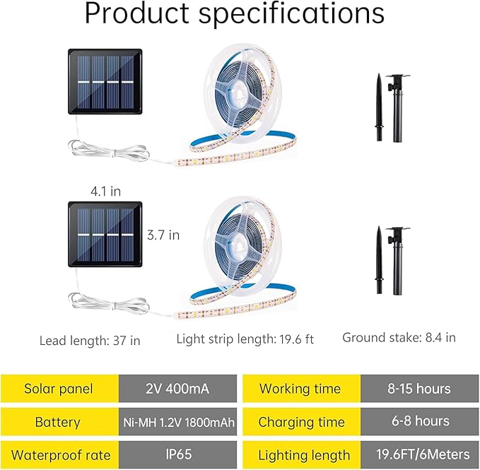 Solar LED Strip Lights Outdoor String Light Waterproof 20FT 180LED Cuttable Tape Rope Solar Lighting for Garden Path, Deck, Yard, Stair, Step, Christmas Decorative Lighting 2 Packs