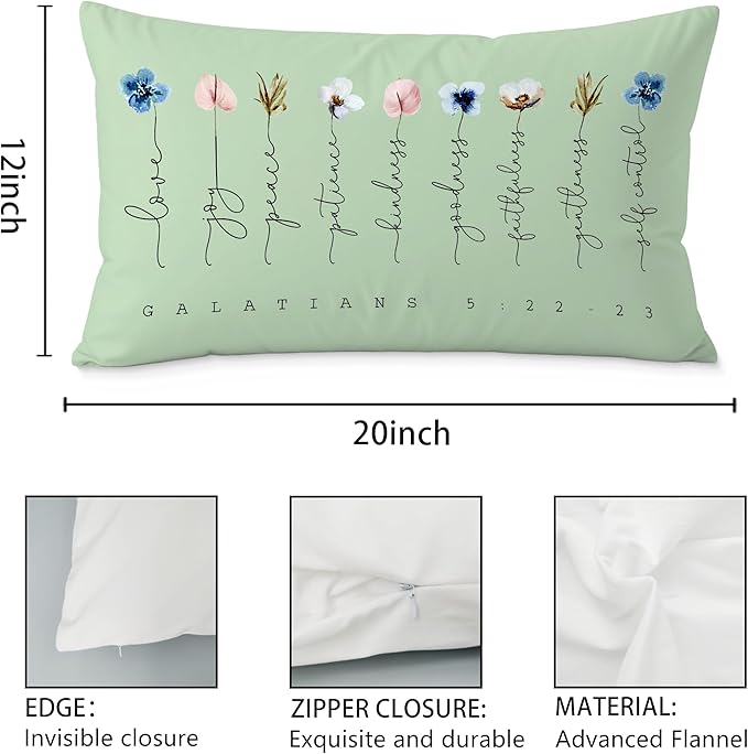 Fruit of The Spirit Bible Verse Pillow Covers 12x20, Boho Floral Christian Throw Pillow Covers for Home Office Church Decor, Christian Gifts for Women, Faith Based Gifts(Green)