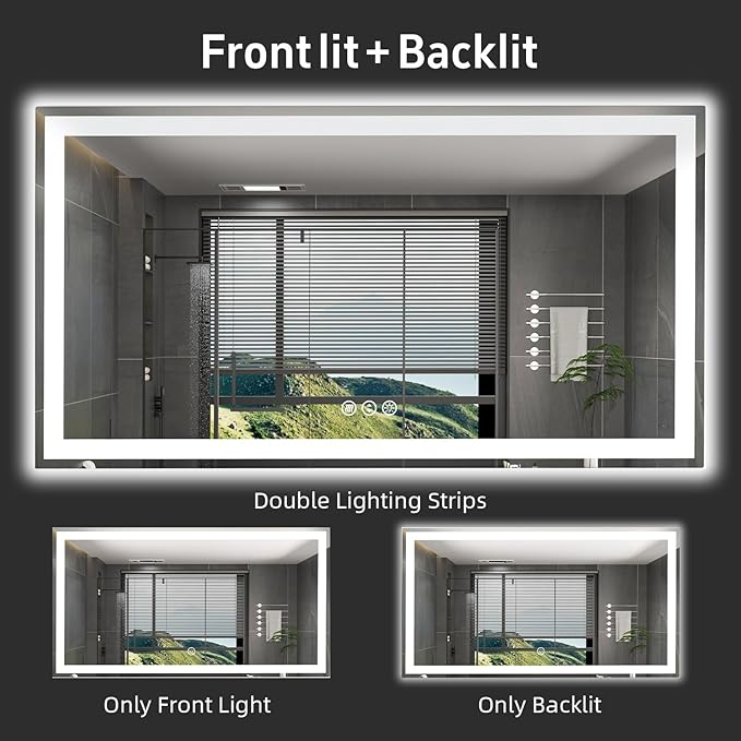 55"x 30" LED Bathroom Mirror with Lights, Double Lighting Sources Dimmable, Anti-Fog Vanity Mirror with Lights, Lighted Bathroom Vanity Mirror for Wall Tempered Glass (Horizontal/Vertical)
