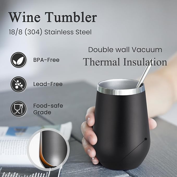 MEWAY 12oz Wine Tumbler Glasses with Lid and Straw - Stemless Double Wall Vacuum Stainless Steel Tumbler Keeping Cold & Hot for Wine,Drinks - Family and Gifts, Ideal for Travel and Office(Black,1)