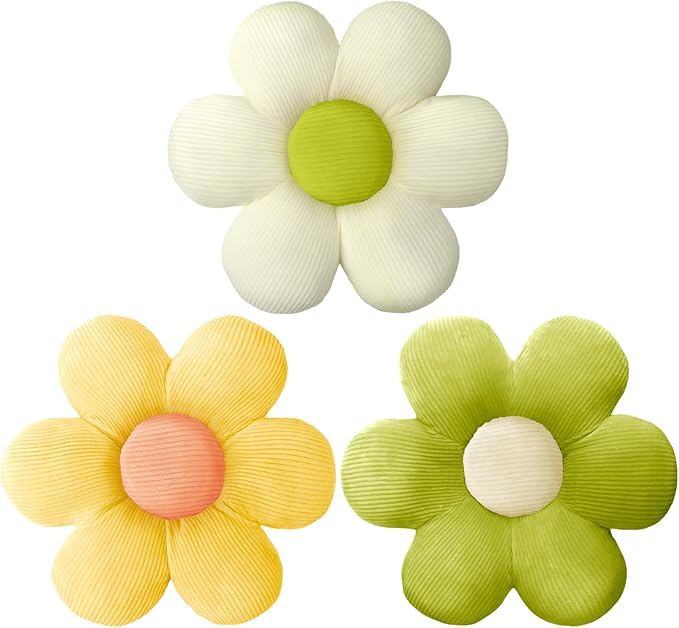 Sratte 3 Pcs Flower Pillows Flower Shaped Throw Pillow Cute Daisy Pillow Seating Cushions for Adults Home Bedroom Sofa Chair Couch Decor(Green, Yellow, White,16")