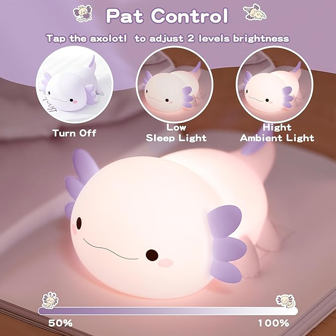 Axolotl Night Light for Kids,Cute Purple Axolotl Lamp ,LED Squishy Nursery Nightlight, Food Grade Soft Silicone Novelty Animal Bedside Lamp,Adorable Room Decor , Axolotl Gitfs for Mother Girls Baby