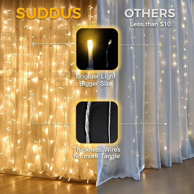 suddus Curtain Lights for Bedroom, 200 Led Hanging String Light Outdoor, Fairy Curtain Lights Indoor for Christmas, Dorm, Wall, Backdrop, Window, Wedding, Party, Birthday Decor, Warm White