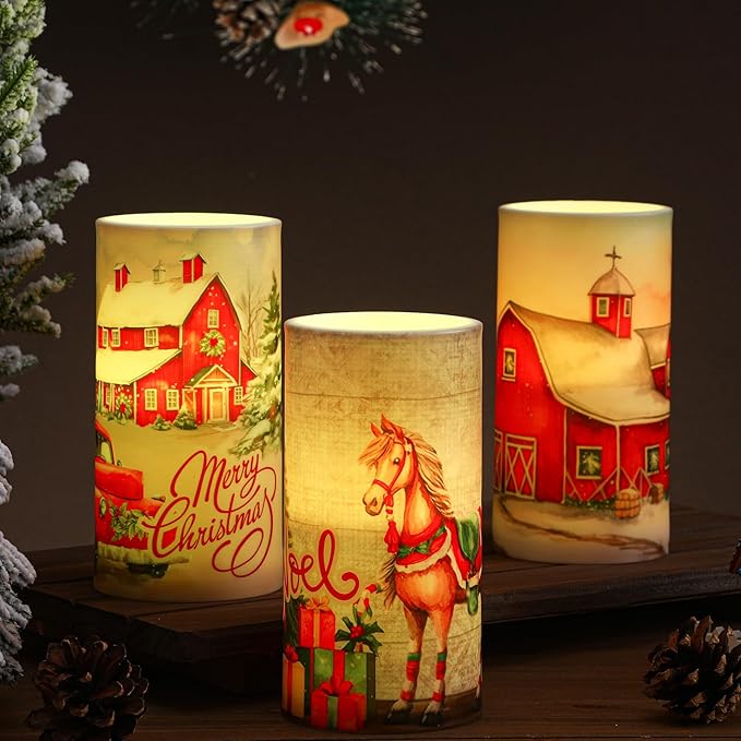 Retisee 3 Pcs Retro Rustic Christmas Flameless Candles with Remote Vintage Christmas Battery Operated LED Candle Retro Nostalgic Xmas Decor for Rustic Xmas Holiday Dining Table Bedroom Living Room
