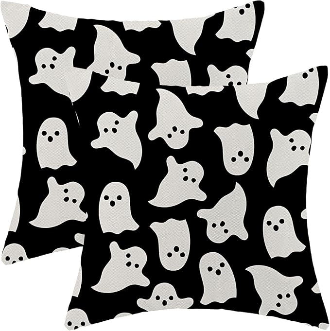 Halloween Pillow Covers 16 x 16 Inch, Black and Cream Ghost Decor Throw Pillows for Couch Bed, Halloween Outdoor Farmhouse Decorative Pillowcase Linen Cushion Cover Set of 2