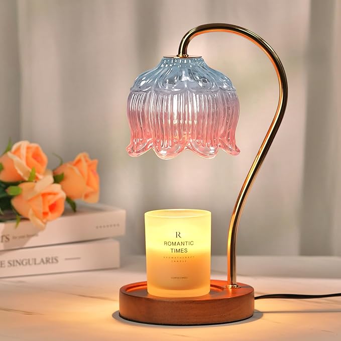 Dimmable Candle Warmer Lamp with Timer, Electric Candle Warmer Lamp, Women Christmas Gifts, Flower Candle Lamp Warmer for Family, Pink Blue Fragrance Candle Lamp for Modern Office Desk Decor