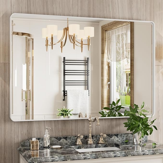 White Bathroom Mirror 48x32 Inch, White Metal Framed Bathroom Mirror for Wall, Rounded Rectangle Matte Bathroom Vanity Mirror, Tempered Glass, Anti-Rust, Horizontal/Vertical