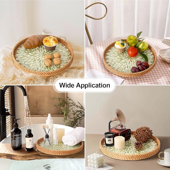 Round Rattan Tray with Mother of Pearl Inlay, Rattan Serving Tray for Coffee, Bread, Fruits, Decorative Wicker Tray for Table Decor, Home Decor, Kitchen Island Decor (Green Leaf, 11.8")