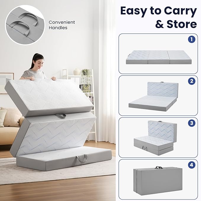 Foldable Mattress Full 3 inch -Portable White Memory Foam Folding Matress with Washable Cover for Camping Travel Guest Room Home Use-Non-Slip&Easy Storage