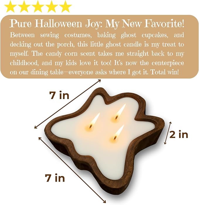 Dough Bowl Candle Co. Ghost Candles - 7x7x2in Halloween Candles, Wooden Fall Candle Decorations with Candy Corn Scent, Cute Fall Room Decor, 100% Soy Wax, Autumn Aesthetic with 35h Burn Time