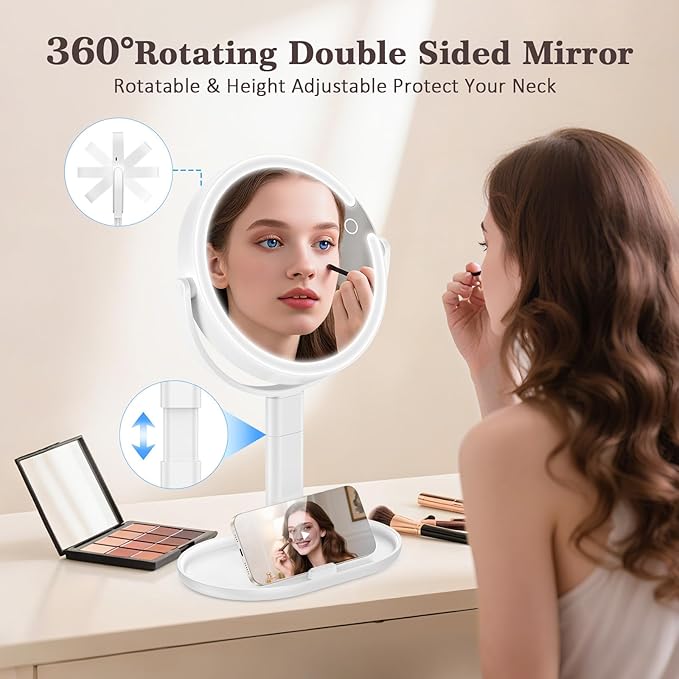 15X/1X Makeup Mirror with Lights, 4000mAh Vanity Mirror with 3 Lighting and Adjustable Brightness, 2-Sided Height Adjustable Lighted Magnifying Mirror, Make Up Mirror Gifts for Elder Women