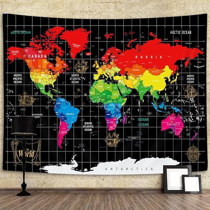 World Map Tapestry, Black Map World Vintag Topography Educational Wall Art Tapestries，Asia Europe South City Topography America Africa Japan Tapestry Wall Hanging 71X60 Inch