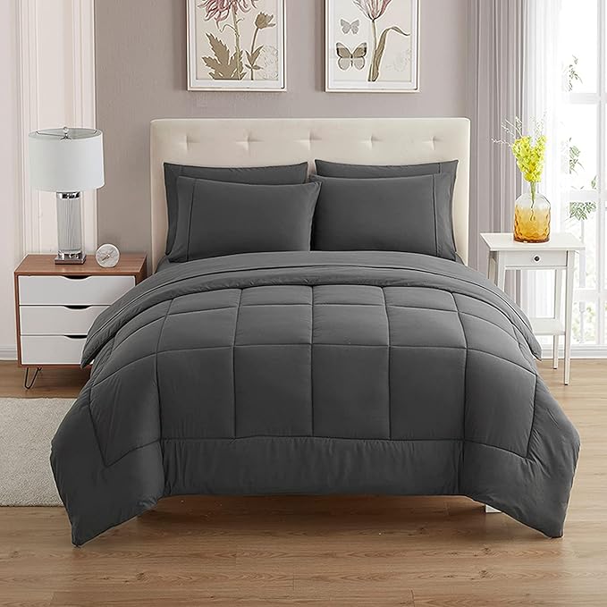 Queen Comforter Set with Sheets - 7-Piece Bedding Collection - 1 Comforter, 1 Fitted Sheet, 1 Flat, 4 Pillowcases - Deep Pocket - Soft & Breathable Premium Quality - Ideal for All Seasons, Gray