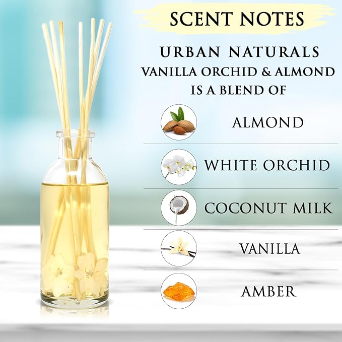 Urban Naturals Vanilla Orchid and Almond Scented Reed Diffuser Oil Set | Rich, Nutty Fragrance with Almond, White Orchid, Coconut Milk, Vanilla and Amber | Great Holiday Home Air Freshener