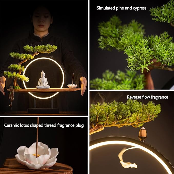 Shakyamuni Buddha Ceramic Statue Indoor Backflow Incense Burner with Led Ring Light，Meditation Decoration for Home and Office, Suitable for Cone and Stick Incense