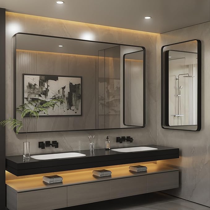 ISKM Black Framed Mirror for Bathroom 55" x 36" Matte Black Bathroom Vanity Mirror Anti-Rust, Tempered Glass, Rounded Rectangle Mirror(Horizontal/Vertical)