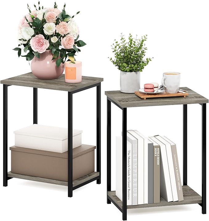 Furinno Simplistic Metal Frame End Table, 2-Pack, French Oak