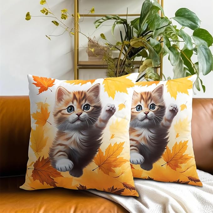 Fall Cat Throw Pillow Covers - Kitten Throw Pillow Covers Set of 2 Maple Leaf Pillows Case 22x22 Inch Autumn Pet Decorative Pillowcase for Bed Living Room Outdoor