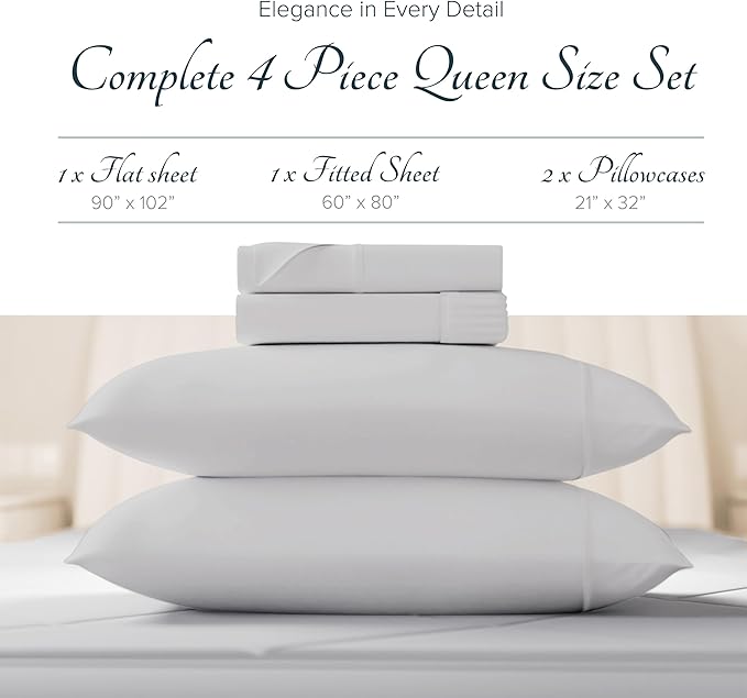 Carressa Linen 100% Egyptian Cotton Sheets Queen Size Bed Set - Luxury 1500 High Thread Count Egyptian Cotton Queen Sheet Set (4 PC, Light Grey), 17" Deep Pocket, Silky Soft, Cooling, Sateen Bedding