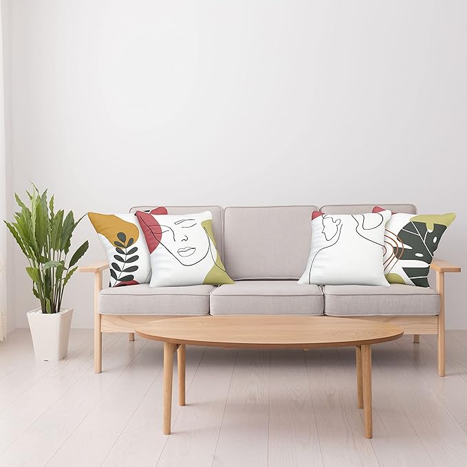 Ambesonne Minimal Throw Pillow Cushion Case Pack of 4, Modern Line Art Woman Portrait Contemporary Leafy Geometric Details, Modern Accent Double-Sided Digital Printing, 20", Olive Green and Dark Coral