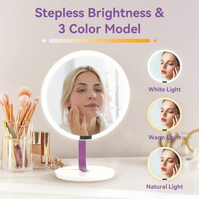 9.65-inch Lighting Makeup Mirror, 1x / 10x, Touch Control, 3-Color Adjustable, Metal Stand, up and Down Adjustable Makeup Mirror,High Color Rendering, Eye-Protecting Light Source,Pink