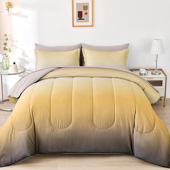 Anibedding 7 Pieces Gradient Yellow Comforter Set - Lightweight Grey and Yellow Ombre Bed in a Bag Set, All Season Down Alternative Light Grey Abstract Bedding Set for Teen Boys Girls Women (90" x90")