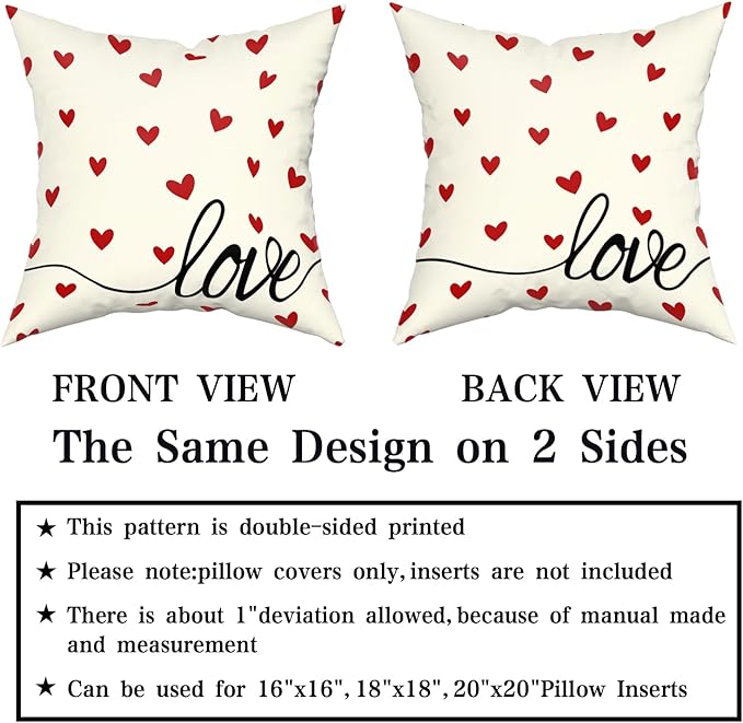 Giwawa Valentines Day Pillow Covers Set of 2 White Love Hearts Throw Pillowcases Romantic Double Sided Decorative Cotton Square Cushion Covers 20x20inch for Sofa Couch Bedding Wedding Anniversary