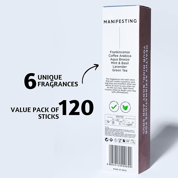 Folkulture Incense Sticks | Set of 6 (120 Non Toxic Insence-Sticks) for Manifesting with 45 Mins Burn Time | Frankincense, Coffee, Aqua Breeze, Mint and Basil, Lavender, Organic Inscents-Sticks