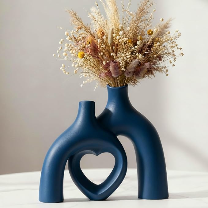 Snuggle Hollow Ceramic Decorative Vase, Modern Minimalist Nordic Boho Ins Style Vases for Home Decor Living Room Shelf Entryway Coffee Table or Console Décor (Matte Navy Blue)