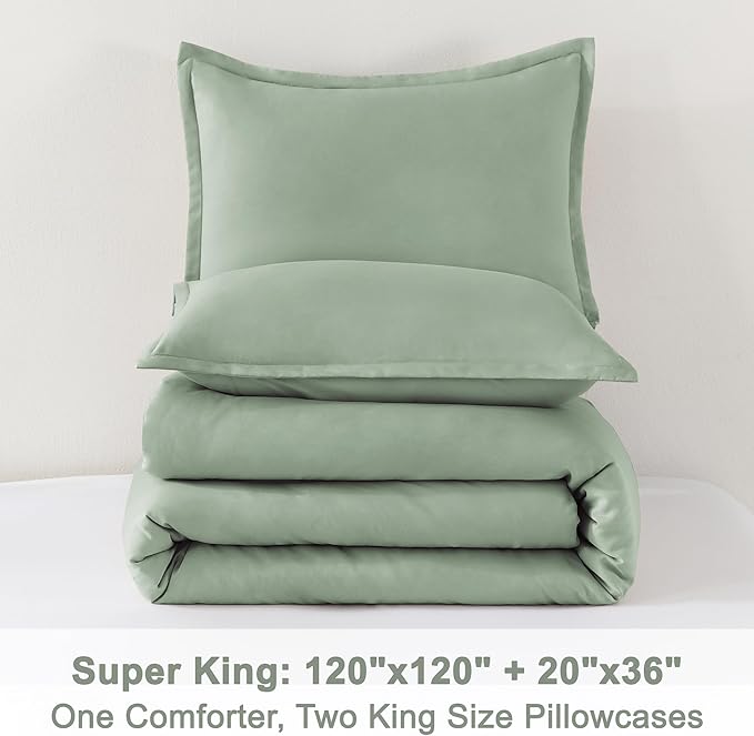 Litanika Oversized King Comforter Set 120x120, 3 Pieces Sage Green Super King Lightweight Solid Bedding Set, All Season Fluffy Bed Set Quilt Blanket
