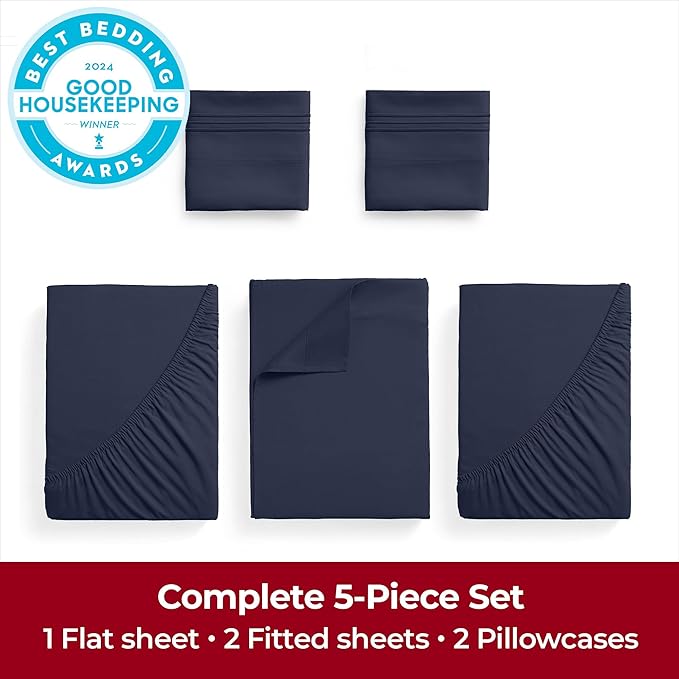Mellanni Extra Deep Split King Sheets - 5 PC Iconic Collection Bedding - Hotel Luxury, Ultra Soft, Cooling Bed Sheets - Wrinkle, Fade, Stain Resistant (Split King, Navy Blue)