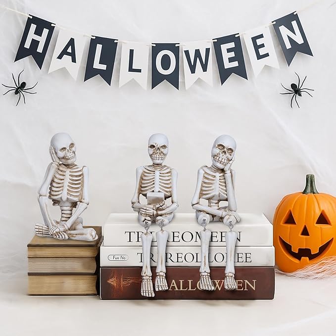 3 Pieces Halloween Skeleton Statue Realistic Halloween Skull Figurine Home Decor Funny Sitting Skeleton Collectible Figurines Decoration for Indoor Living Room Office Table Shelf Bookshelf