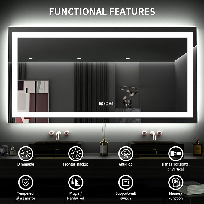 LOAAO 60X36 LED Bathroom Mirror with Lights, Anti-Fog, Dimmable, Backlit + Front Lit, Lighted Bathroom Vanity Mirror for Wall, Memory Function, Tempered Glass, ETL Listed