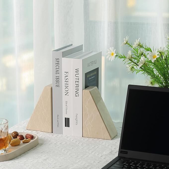 Marble Bookends for Heavy Books, Decorative Book Ends for Shelves, Durable and Heavy-Duty Stone Bookends for Hardback Book & CDS, Unique Book Stopper & Holder, New Jura Beige-Vein, Set of 2